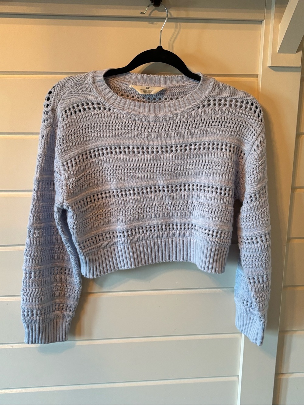 Girls size 12/14 H&M Light Blue Open-Knit Cropped Crewneck Sweater